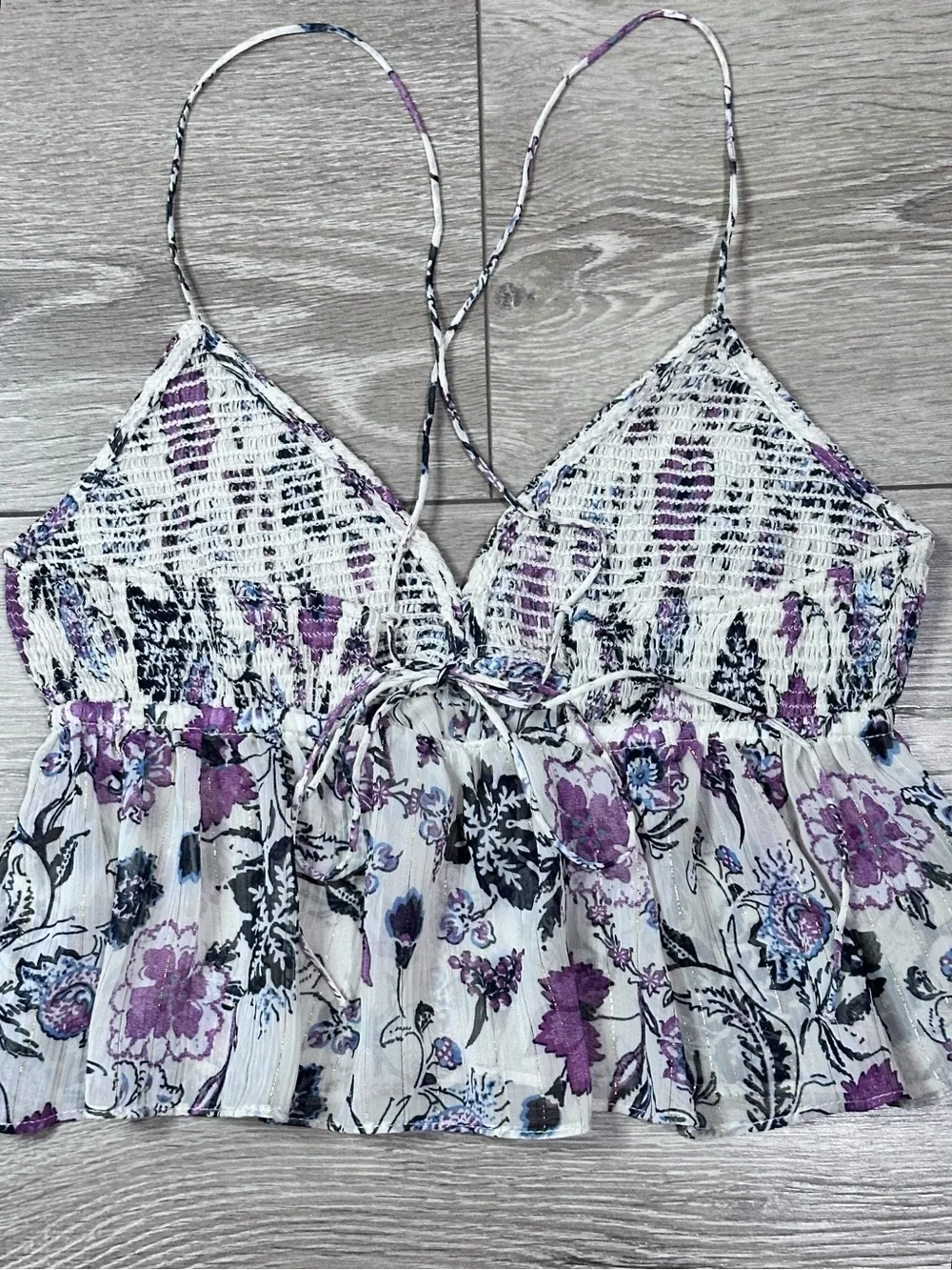 Zara Floral Metallic Smocked Peplum Crop Tank Top